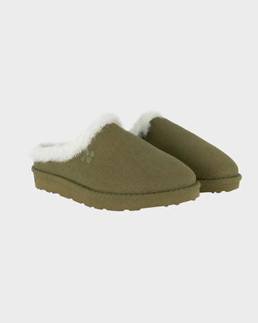 Khaki green faux suede slippers vegan eco friendly winter comfort