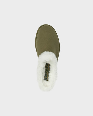 Khaki green faux wool lined slippers sustainable cozy shoes
