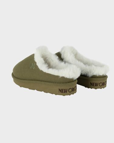 Khaki green recycled ugg-like slippers sustainable warm footwear