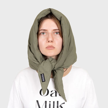 Khaki vegan knit hooded scarf cruelty free winter style