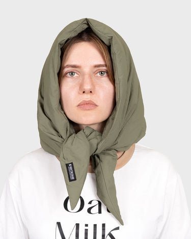 Khaki vegan knit hooded scarf cruelty free winter style