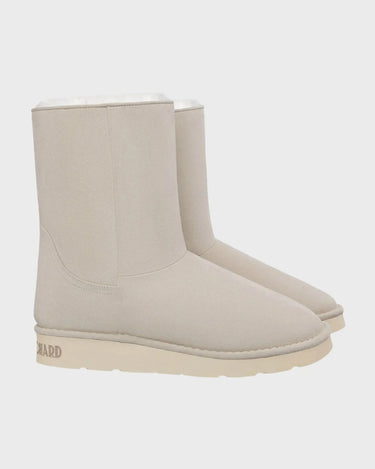 Off-white vegan mid-calf boots with faux fur lining