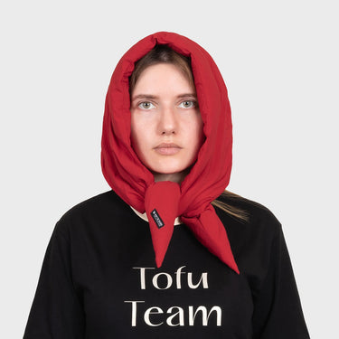 Red recycled hooded scarf eco friendly winter headwear