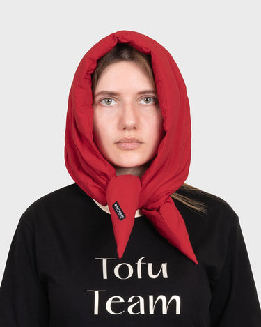 Red recycled hooded scarf eco friendly winter headwear
