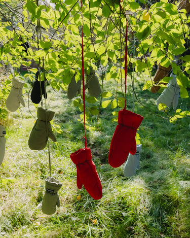 Red vegan knit mittens sustainable cozy winter wear