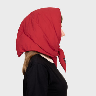 Red winter hooded scarf vegan and sustainable