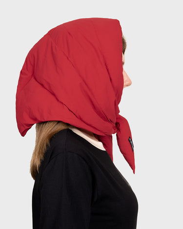 Red winter hooded scarf vegan and sustainable