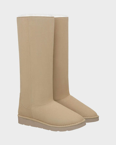 Sustainable beige knee-high vegan boots with crystal details