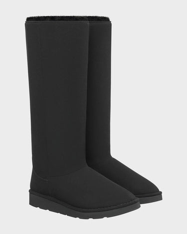 Sustainable black knee-high vegan boots with crystal details