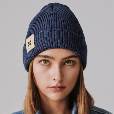 Sustainable blue beanie made from recycled materials