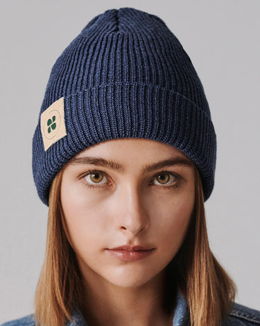 Sustainable blue beanie made from recycled materials