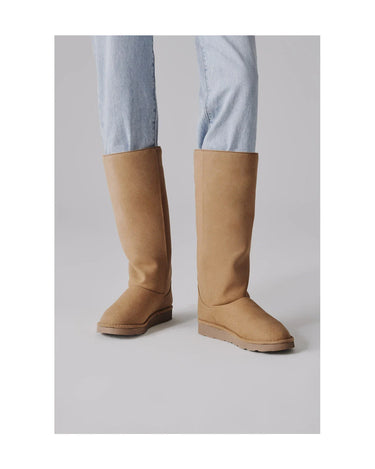 Vegan beige long boots with sparkling crystals – chic and cruelty-free