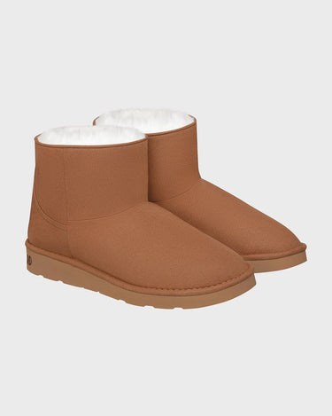 Vegan ugg-like ankle boots in caramel brown faux suede