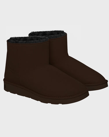 Vegan ugg-like ankle boots in unisex dark brown faux suede