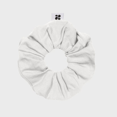 White upcycled vegan scrunchie sustainable recycled hair tie