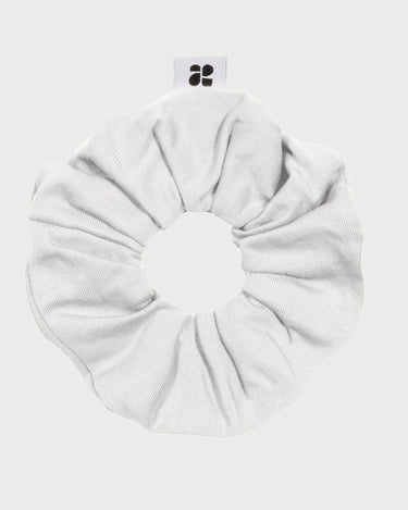 White upcycled vegan scrunchie sustainable recycled hair tie