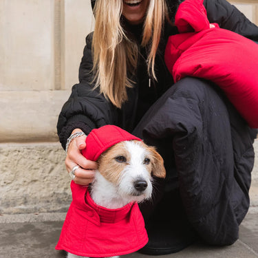 Woman in black coat with red hood petting a dog wearing a red coat on a stone pavement.